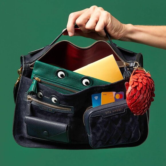 Anya Hindmarch Multi-Pocket Satchel Shoulder Bag – Navy Suede with Frog Eyes 👀 - Picture 3 of 12